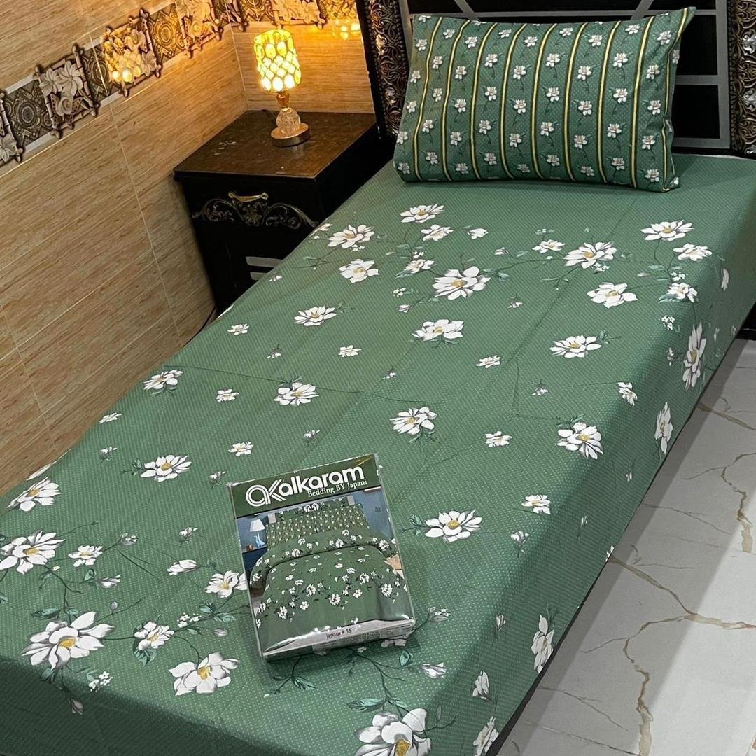 Green Printed Mix Cotton Single Bedsheet Set 4 Pcs