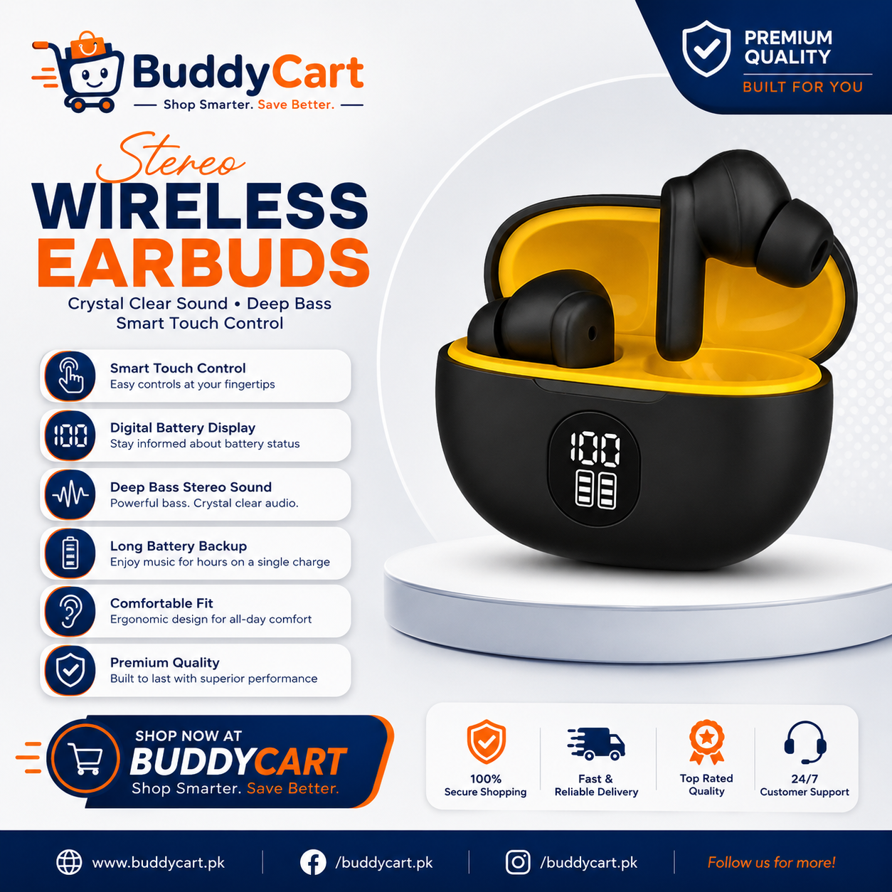 Premium Wireless Earbuds Black Yellow Bluetooth 5.3