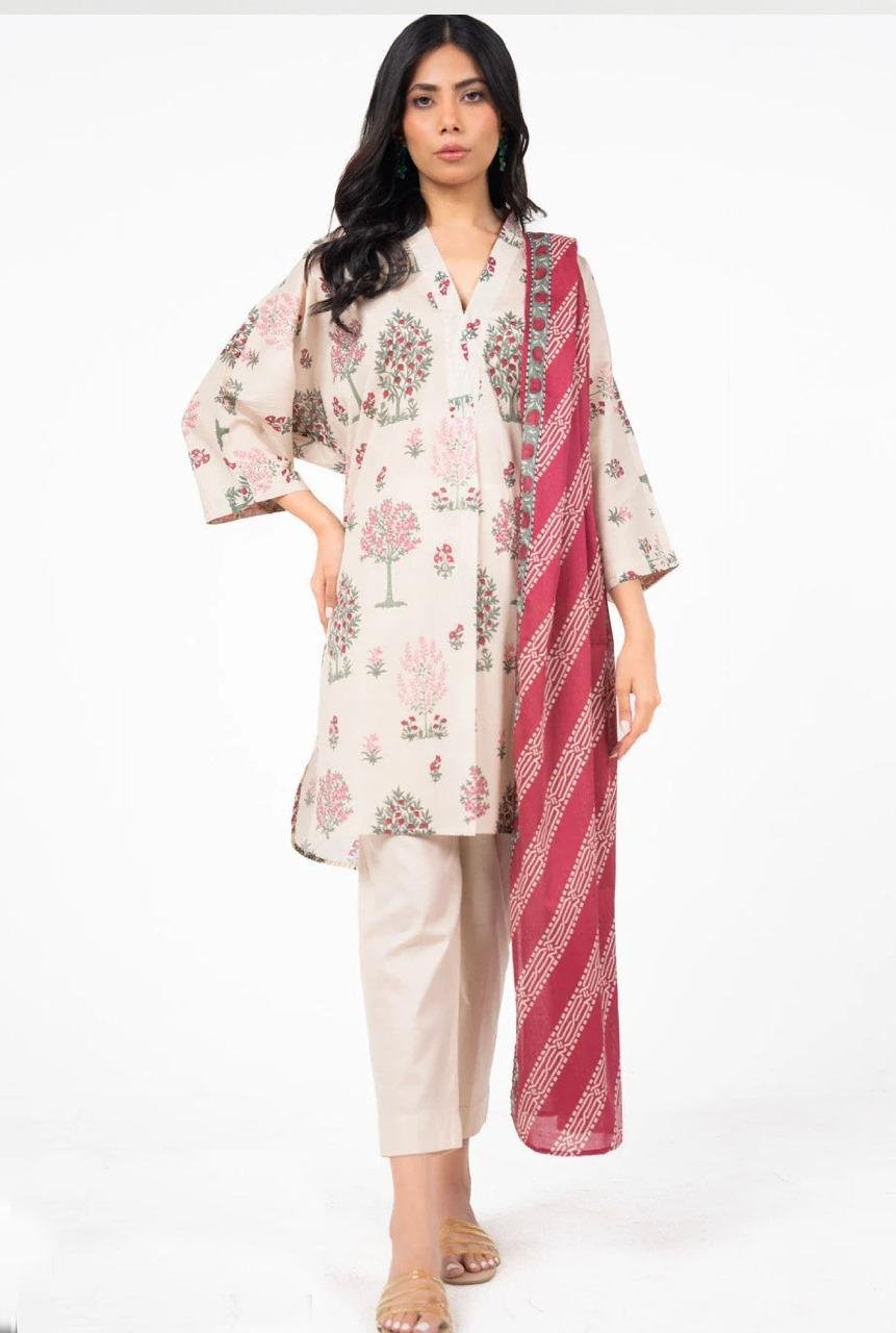 Unstitched Printed 3-Piece Suit with Red Dupatta — Buy Online in Pakistan | Cash on Delivery