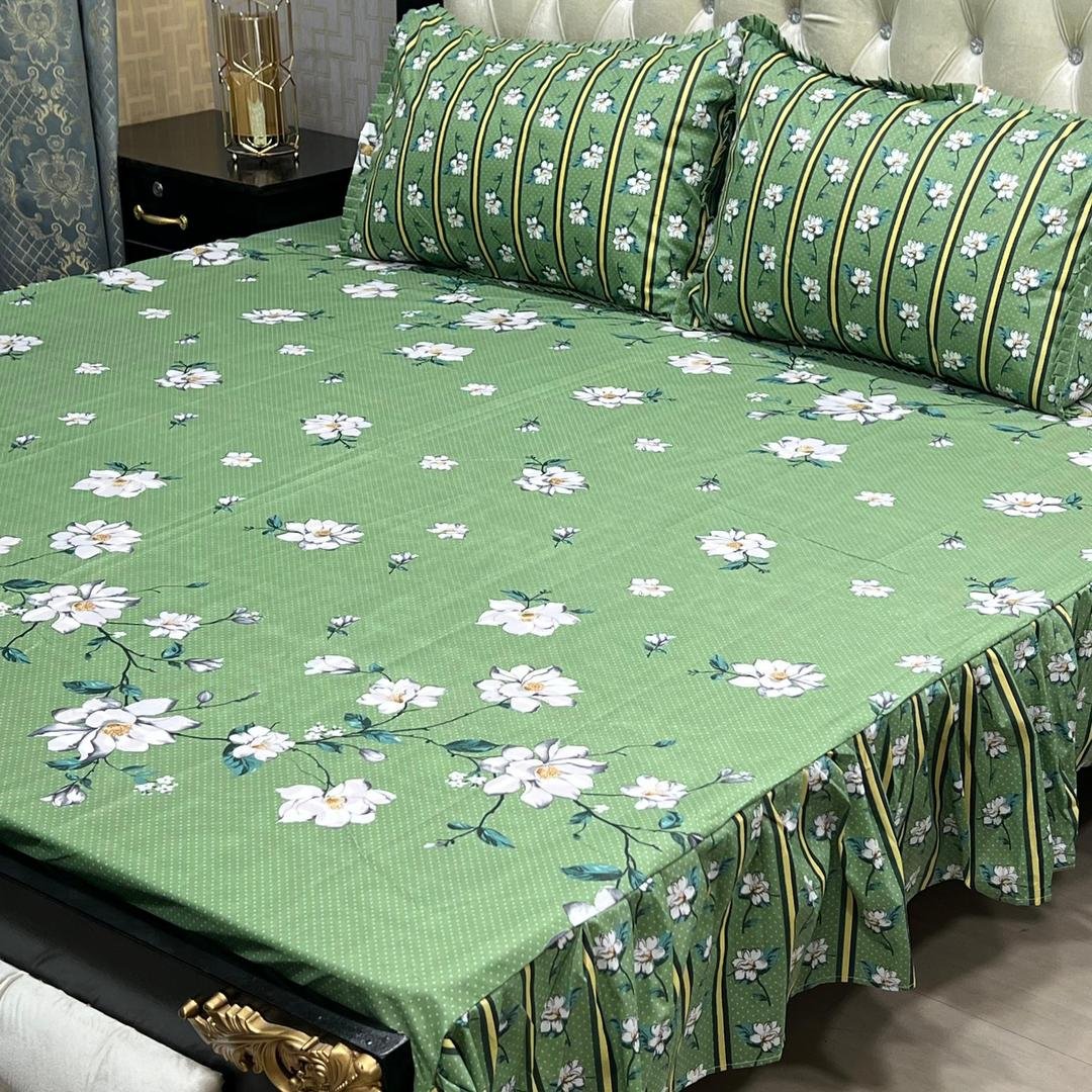 King Size Cotton Sylonica Frill Bedsheet Set Green Floral