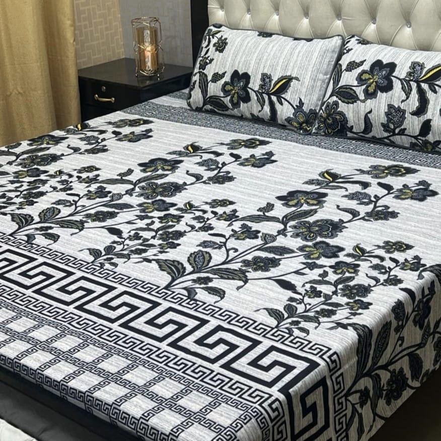 Crystal Cotton Double Bedsheet Set with Floral Greek Key Print