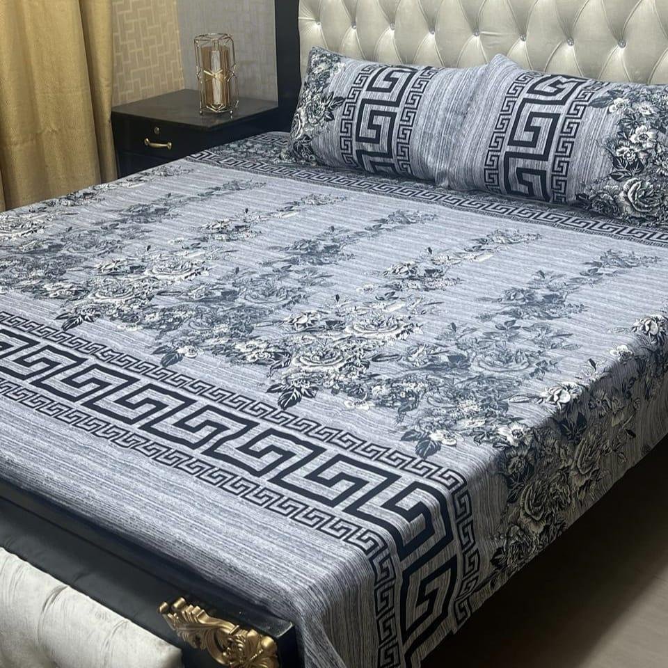 Crystal Cotton Double Bed Sheet Set with Greek Key & Floral Print